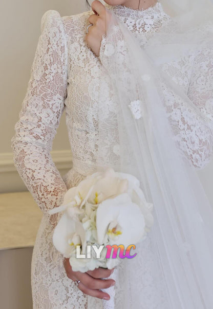 High Neck Long Sleeves Lace Appliques Mermaid Wedding Dress
