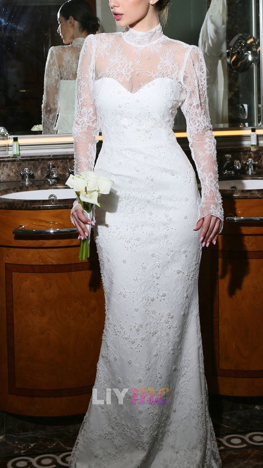 High Neck Long Sleeves Lace Appliques Mermaid Wedding Dress