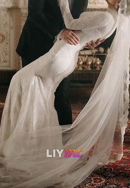 High Neck Long Sleeves Lace Appliques Mermaid Wedding Dress