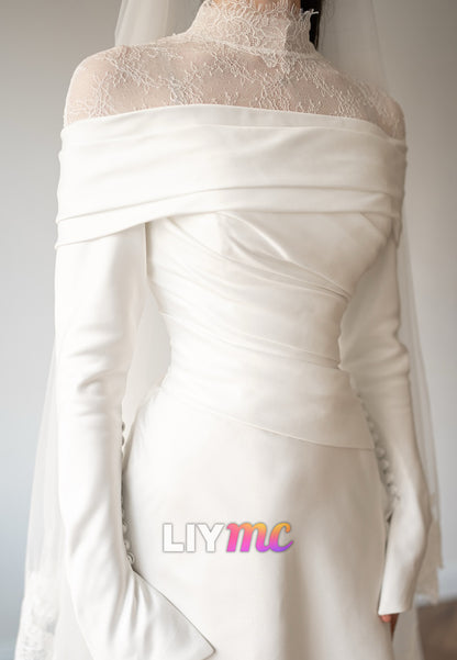 High Neck Long Sleeves Lace Appliques Mermaid Wedding Dress