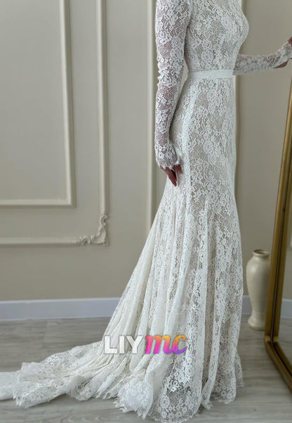 High Neck Long Sleeves Lace Appliques Mermaid Wedding Dress