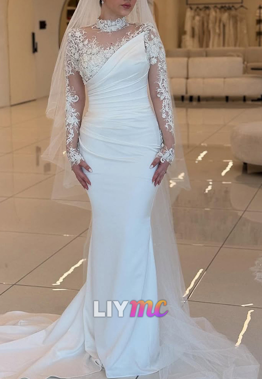 High Neck Long Sleeves Lace Appliques Mermaid Wedding Dress