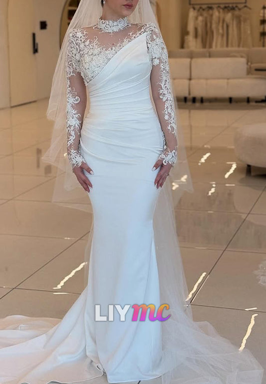High Neck Long Sleeves Lace Appliques Mermaid Wedding Dress