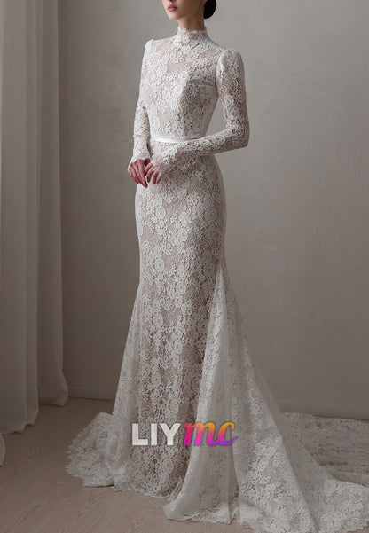 High Neck Long Sleeves Lace Appliques Mermaid Wedding Dress