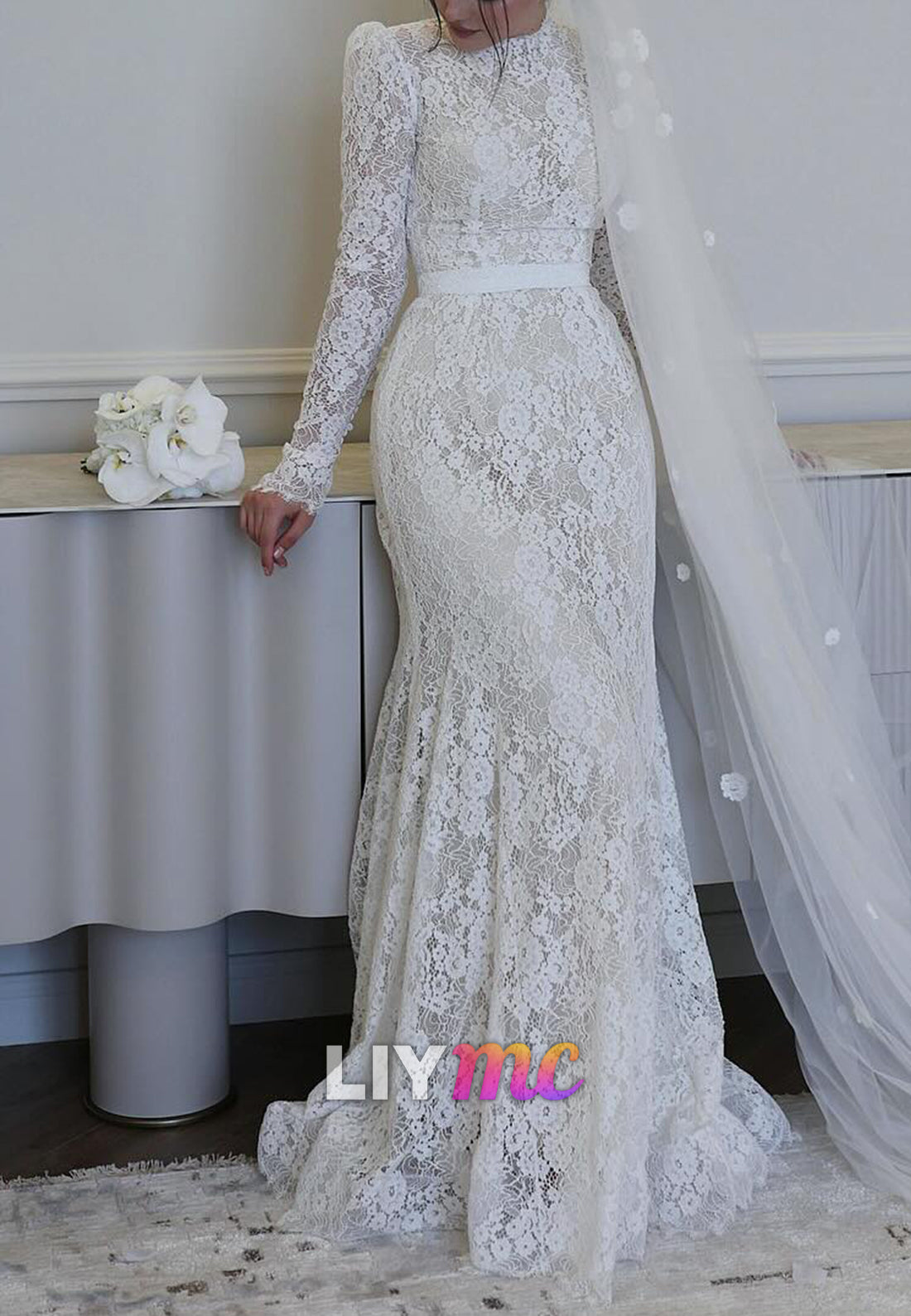 High Neck Long Sleeves Lace Appliques Mermaid Wedding Dress