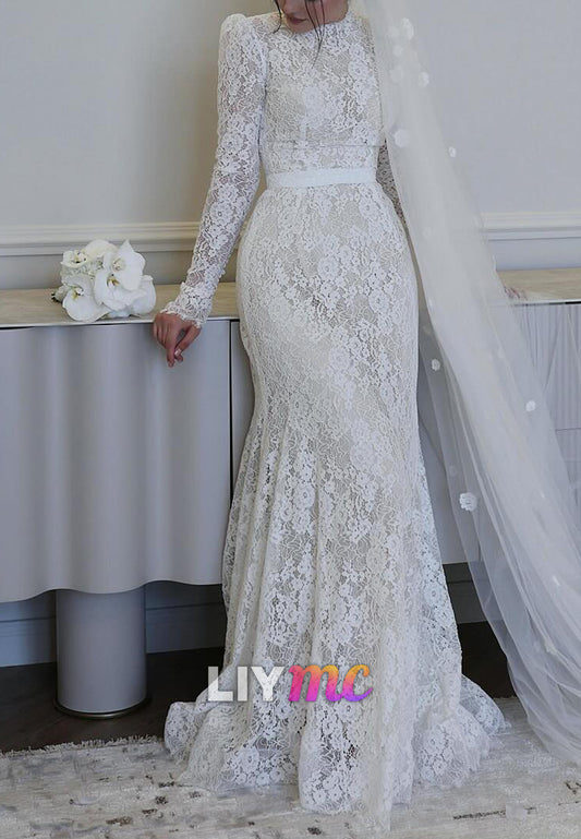 High Neck Long Sleeves Lace Appliques Mermaid Wedding Dress