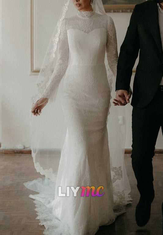 High Neck Long Sleeves Lace Appliques Mermaid Wedding Dress