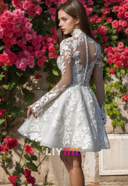 High Neck Long Sleeves Lace Appliques Pleated Short A-Line Wedding Dress