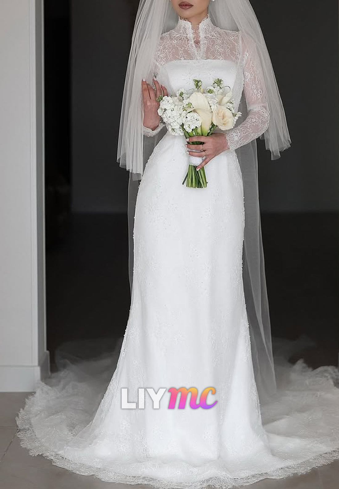 High Neck Long Sleeves Lace Appliques Sheath Wedding Dress