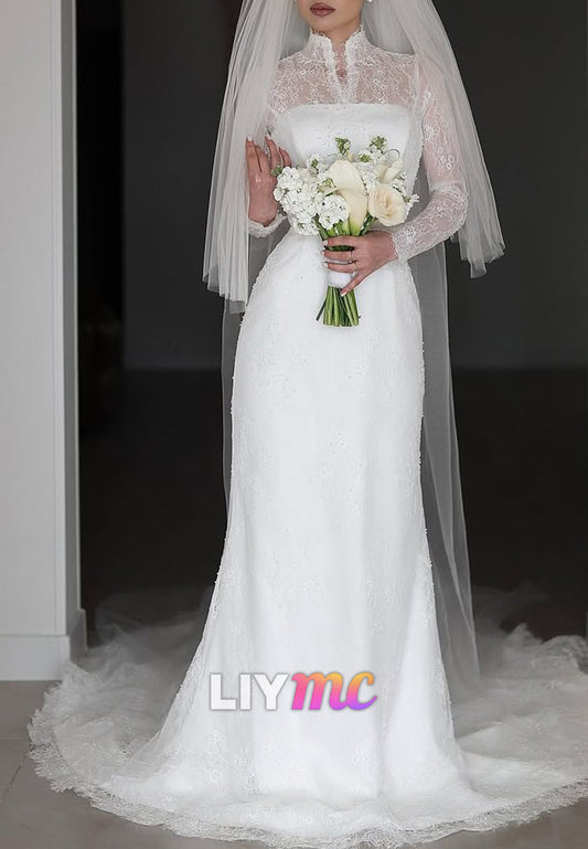 High Neck Long Sleeves Lace Appliques Sheath Wedding Dress