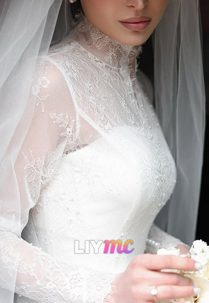 High Neck Long Sleeves Lace Appliques Sheath Wedding Dress