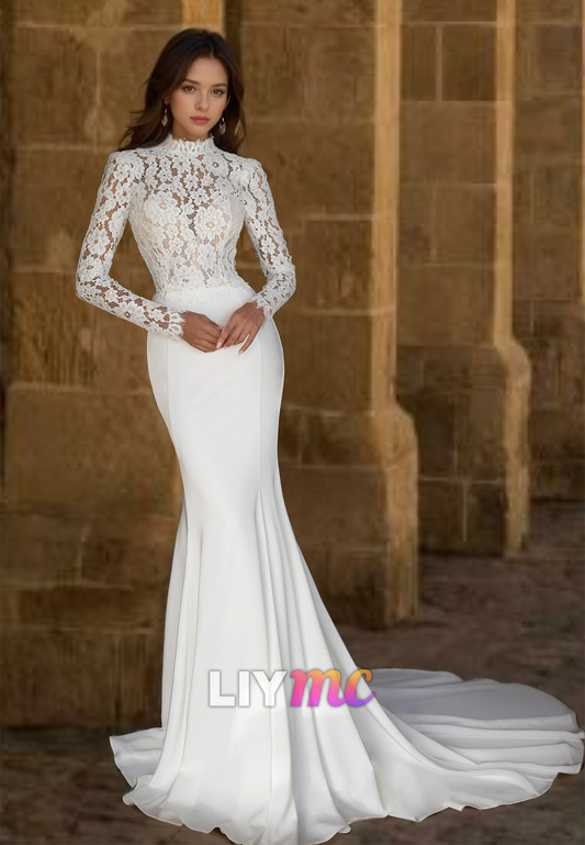 High Neck Long Sleeves Lace Appliques Sleek Mermaid Wedding Dress