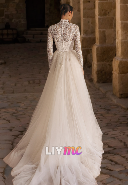 High Neck Long Sleeves Lace Appliques Tulle Ball Gown Wedding Dress