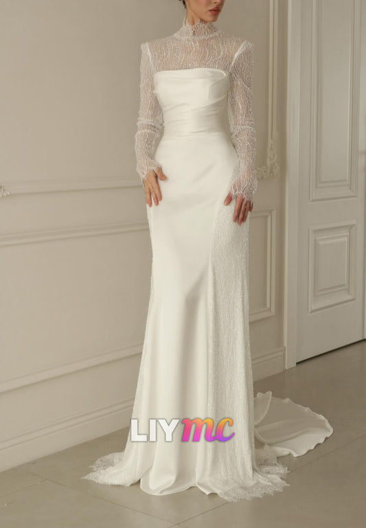 High Neck Long Sleeves Lace Mermaid Wedding Dress