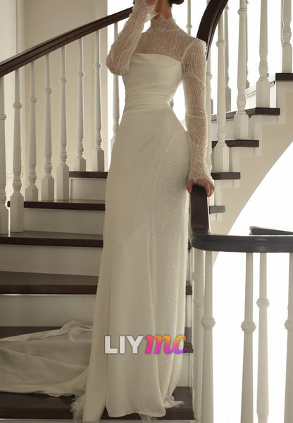 High Neck Long Sleeves Lace Mermaid Wedding Dress