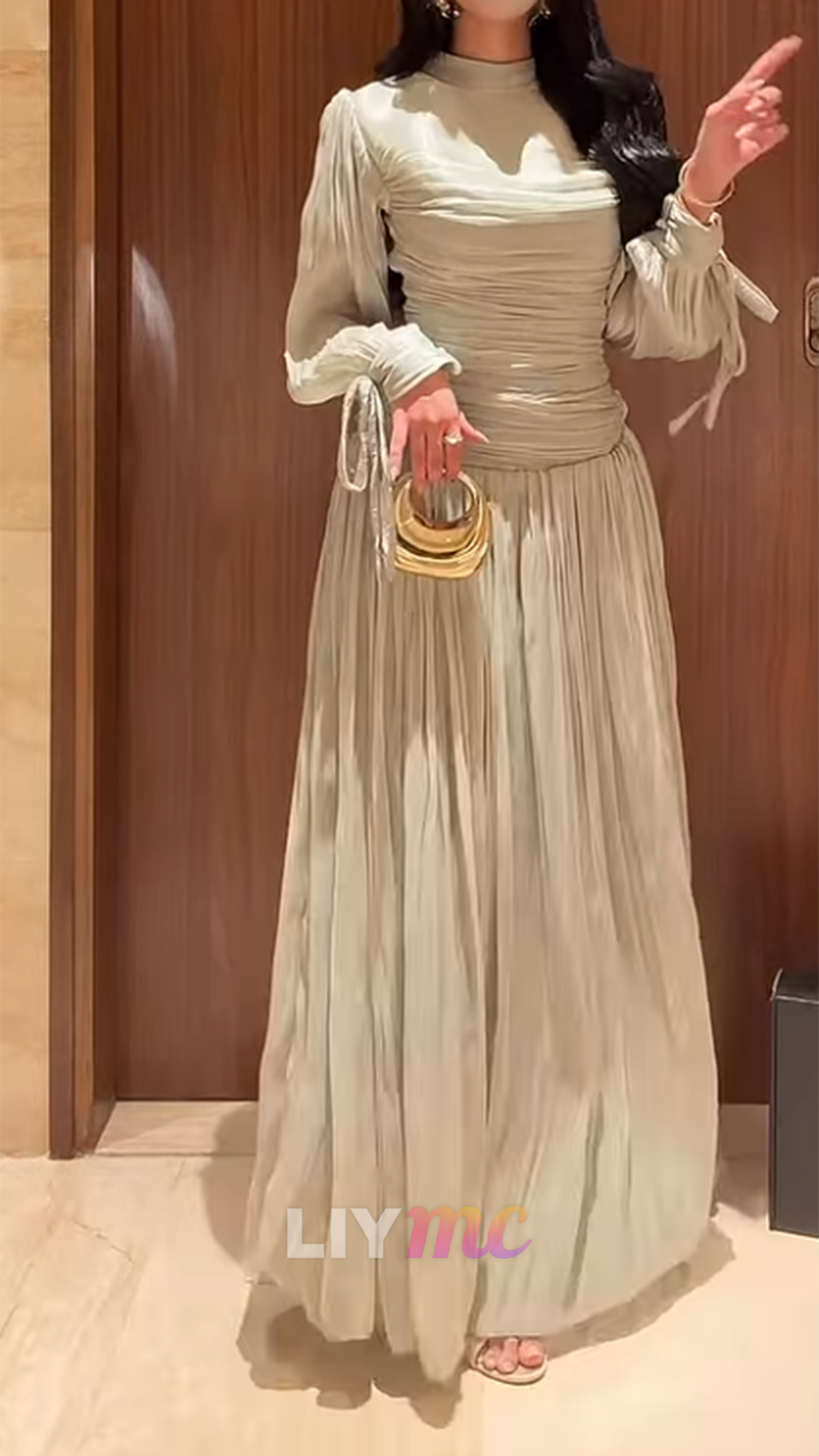 High Neck Long Sleeves Pleated A-Line Formal Dress