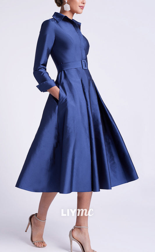 M1250 - High Neck Long Sleeves Pleated A-Line Mother of Bride Dress Cocktail Dress