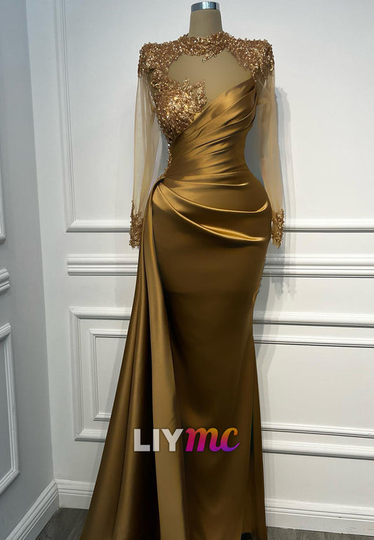 High Neck Long Sleeves Pleated Beaded Sheath Formal Dress