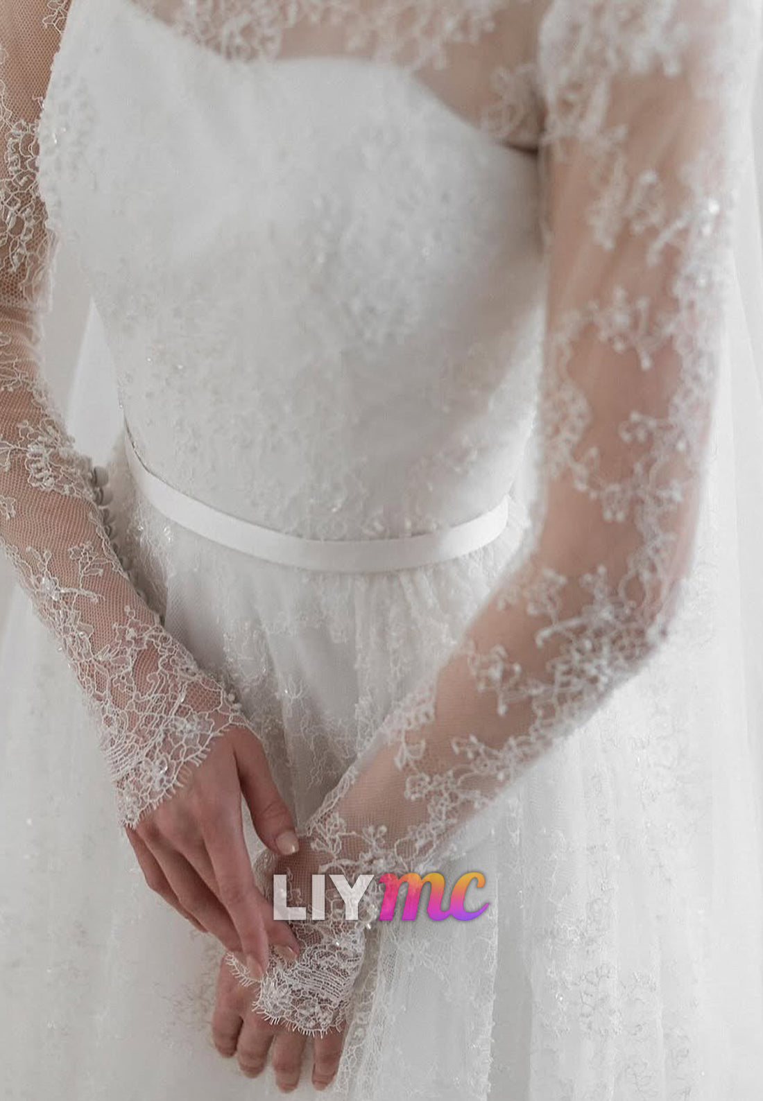 High Neck Long Sleeves Pleated Lace Appliques A-Line Wedding Dress