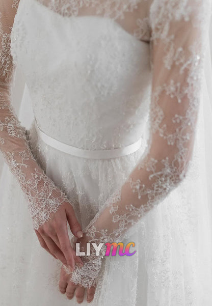 High Neck Long Sleeves Pleated Lace Appliques A-Line Wedding Dress