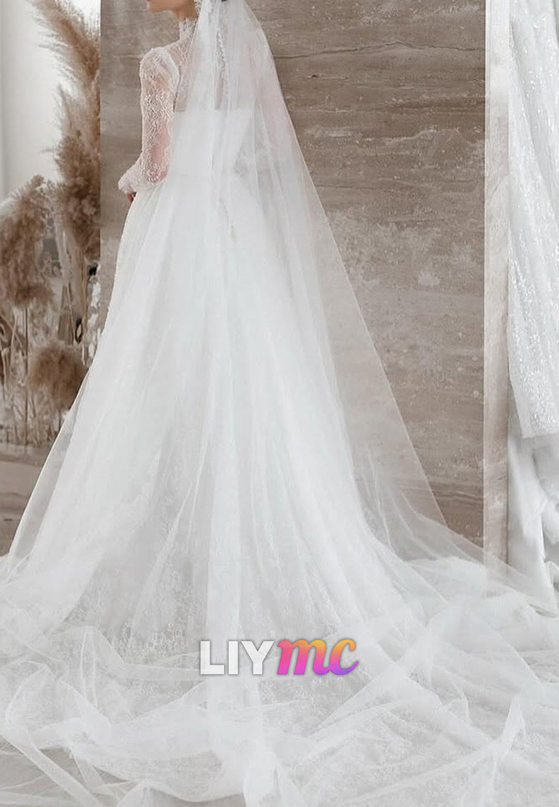 High Neck Long Sleeves Pleated Lace Appliques A-Line Wedding Dress