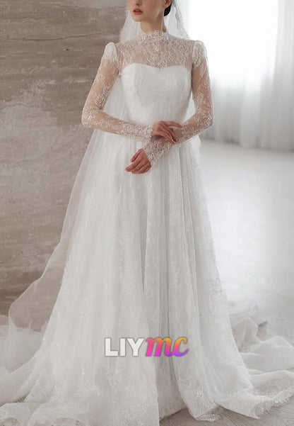 High Neck Long Sleeves Pleated Lace Appliques A-Line Wedding Dress
