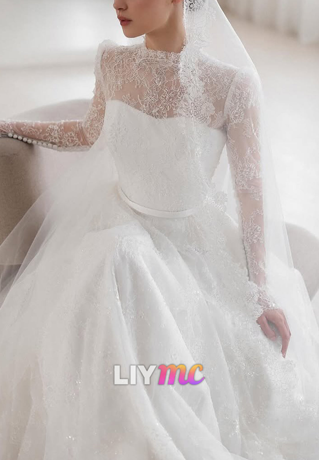 High Neck Long Sleeves Pleated Lace Appliques A-Line Wedding Dress