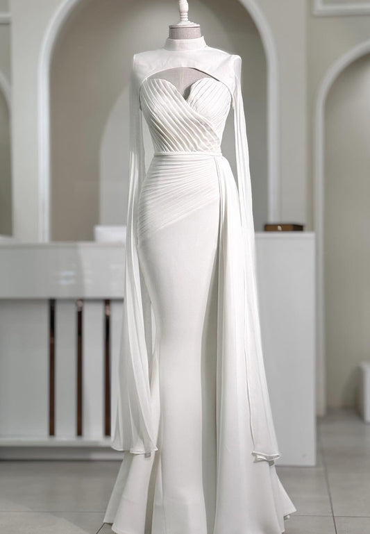 High Neck Long Sleeves Pleated Mermaid Formal Dress