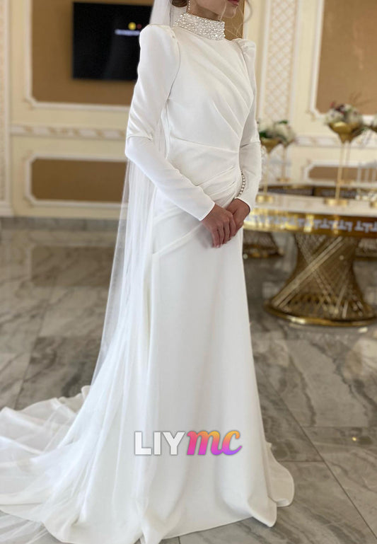 High Neck Long Sleeves Pleated Pearl Sheath Wedding Dress