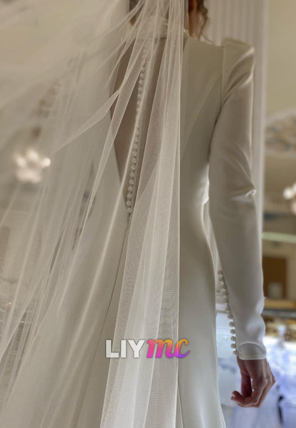 High Neck Long Sleeves Pleated Pearl Sheath Wedding Dress