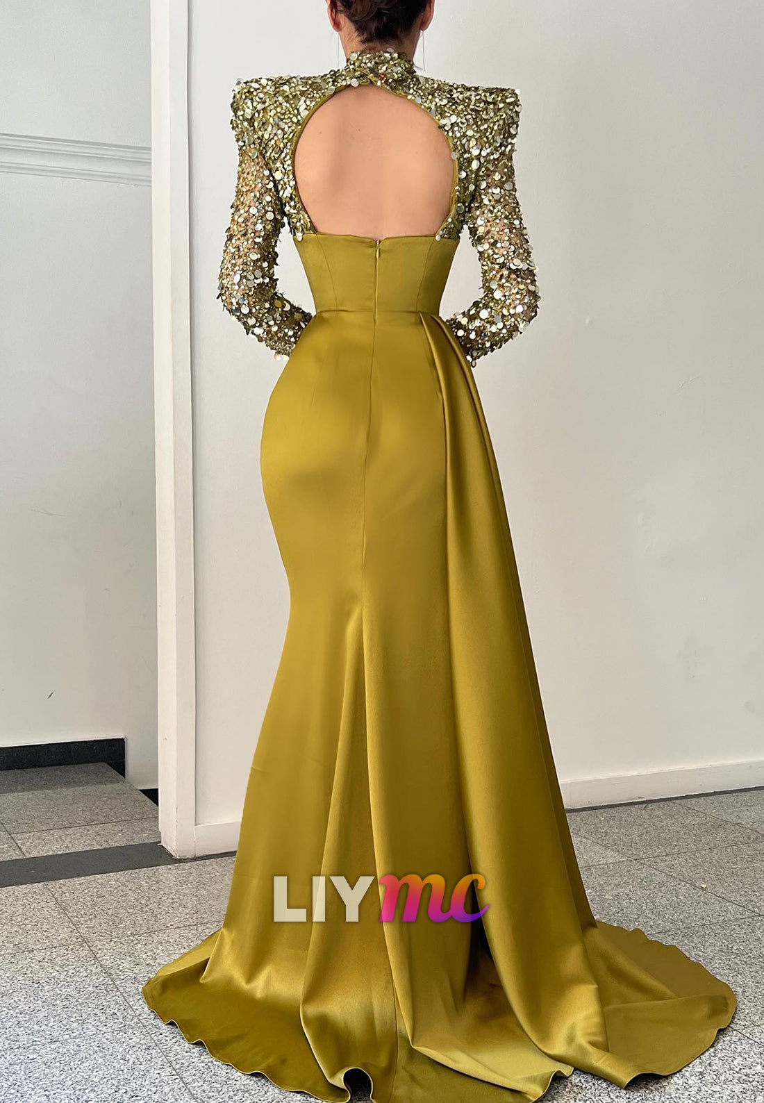 High Neck Long Sleeves Ruched Sequins Sheath Prom Dress