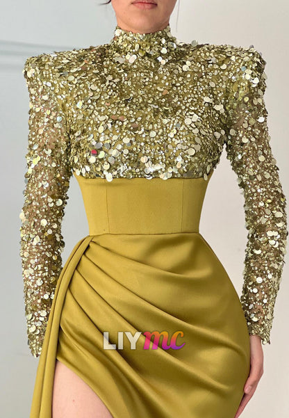 High Neck Long Sleeves Ruched Sequins Sheath Prom Dress