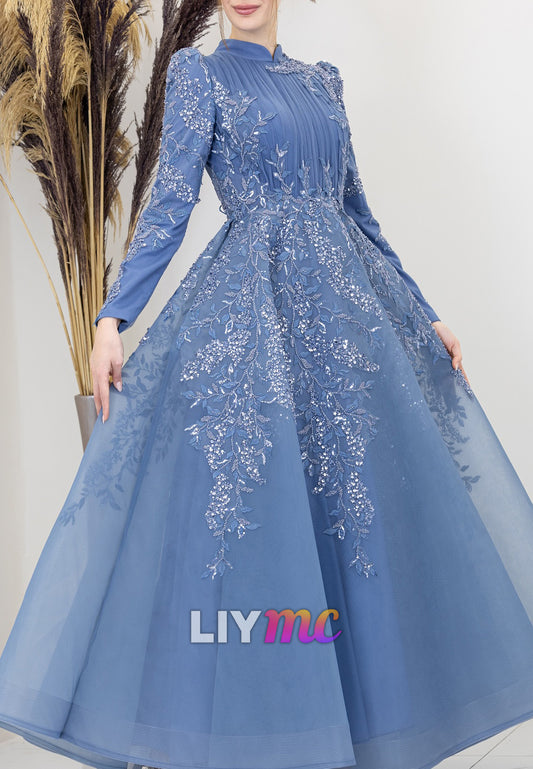 High Neck Long Sleeves Sequins Appliques A-Lien Evening Dress