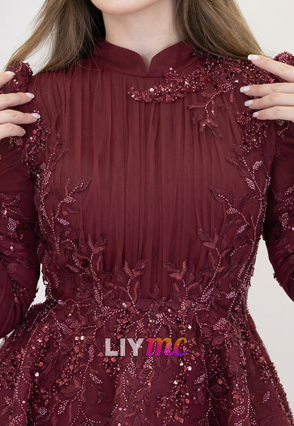 High Neck Long Sleeves Sequins Appliques A-Lien Evening Dress
