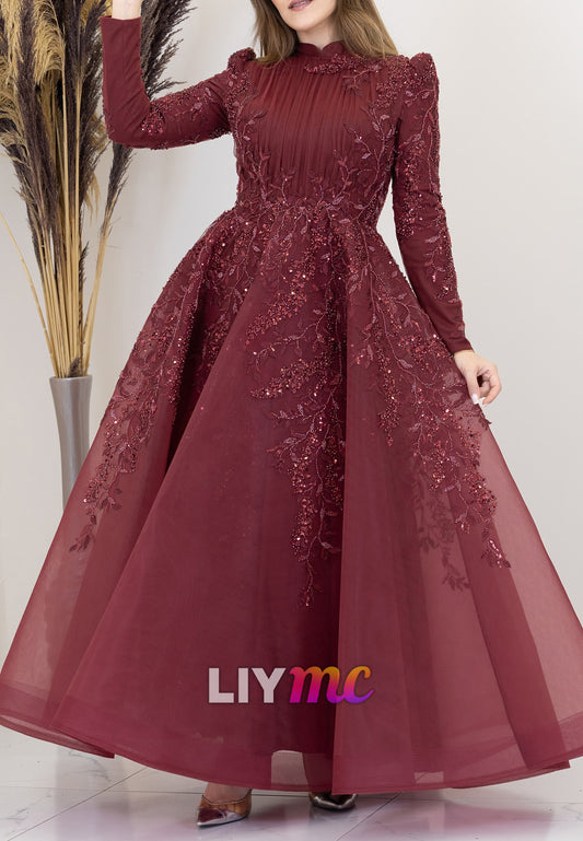 High Neck Long Sleeves Sequins Appliques A-Lien Evening Dress