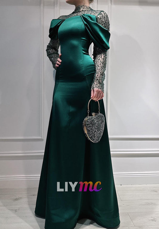 High Neck Long Sleeves Sequins Sheath Evening Dress