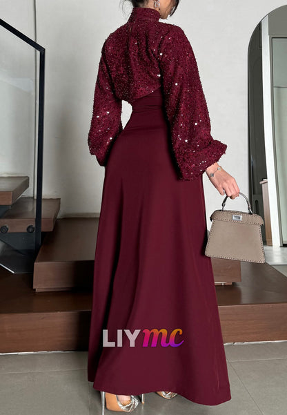 High Neck Long Sleeves Sequins Sheath Formal Dress