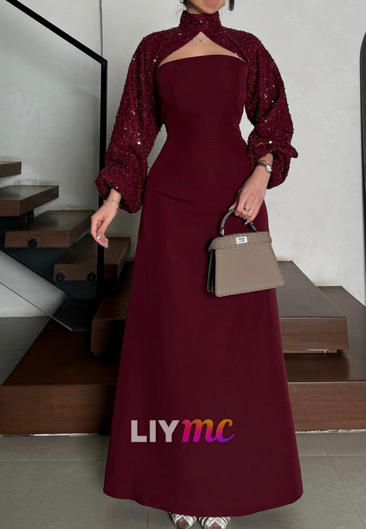 High Neck Long Sleeves Sequins Sheath Formal Dress