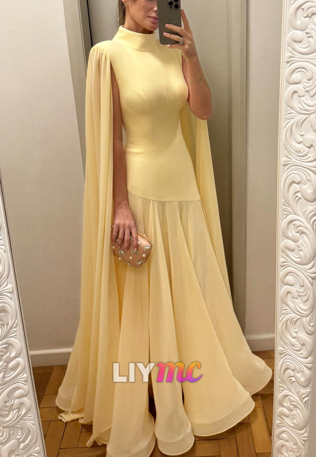 High Neck Long Sleeves Sleek A-Line Wedding Guest Dress