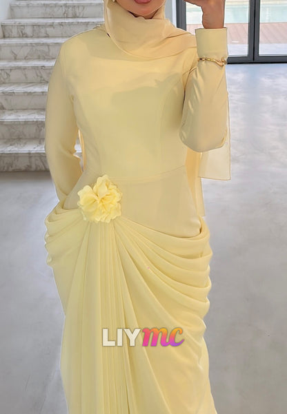 High Neck Long Sleeves Sleek Ruched Sheath Evening Dress