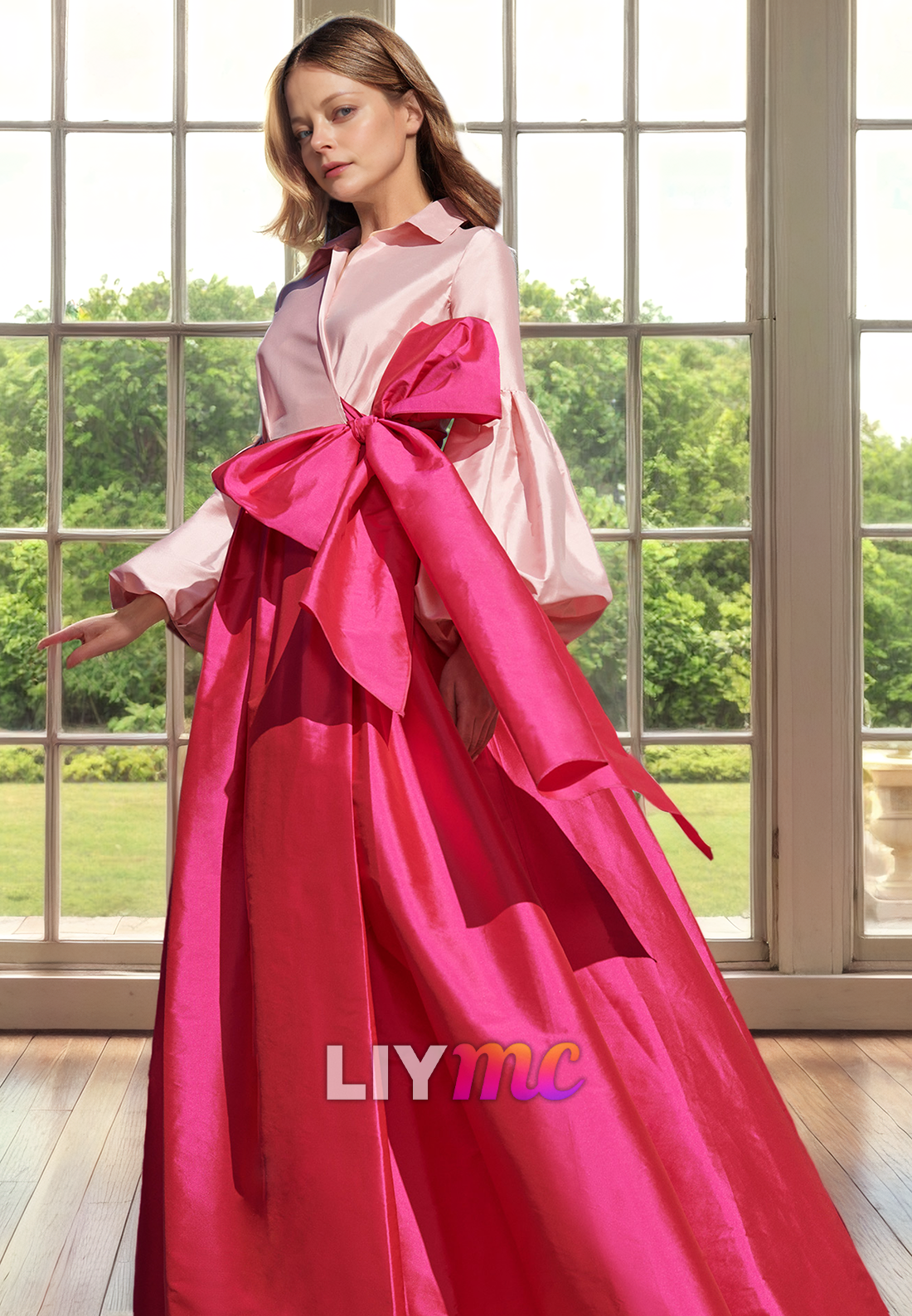 High Neck Long Sleeves Sleek Satin Pleated A-Line Mother of Bride Dress