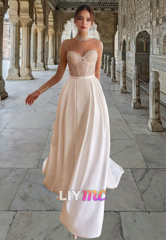 High Neck Sheer Long Sleeves Beaded Satin A-Line Wedding Dress