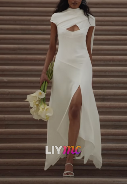 High Neck Short Sleeves A-Line Wedding Dress