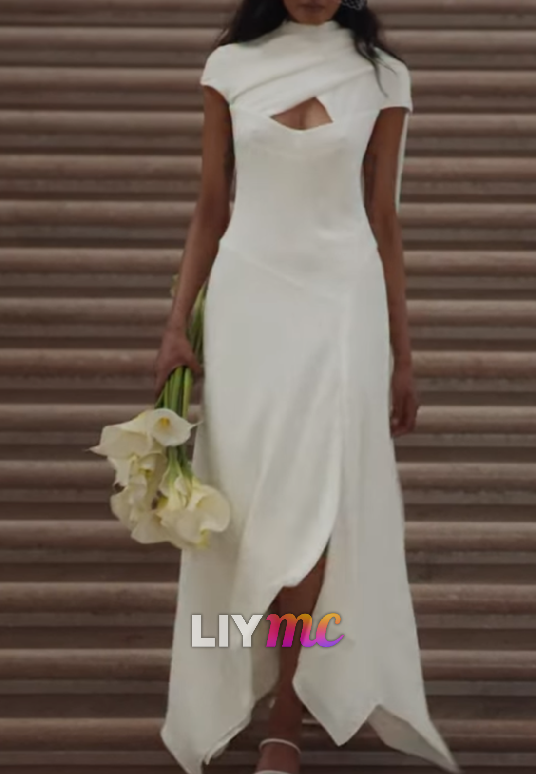 High Neck Short Sleeves A-Line Wedding Dress
