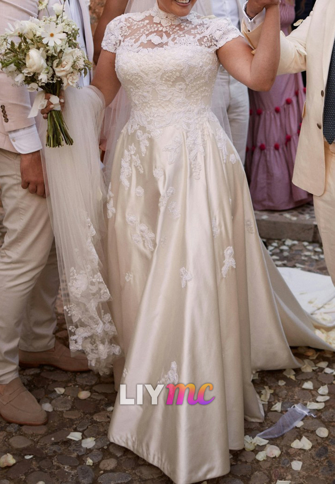 High Neck Short Sleeves Appliques A-Line Wedding Dress