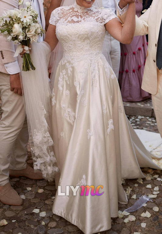 High Neck Short Sleeves Appliques A-Line Wedding Dress