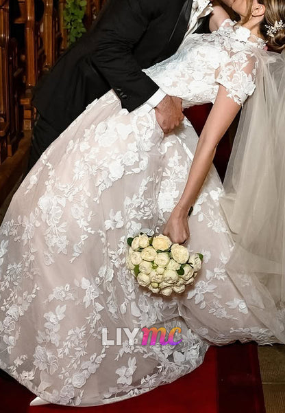 High Neck Short Sleeves Appliques A-Line Wedding Dress