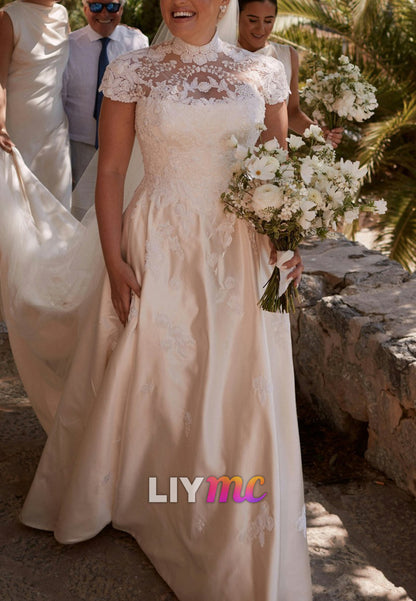 High Neck Short Sleeves Appliques A-Line Wedding Dress