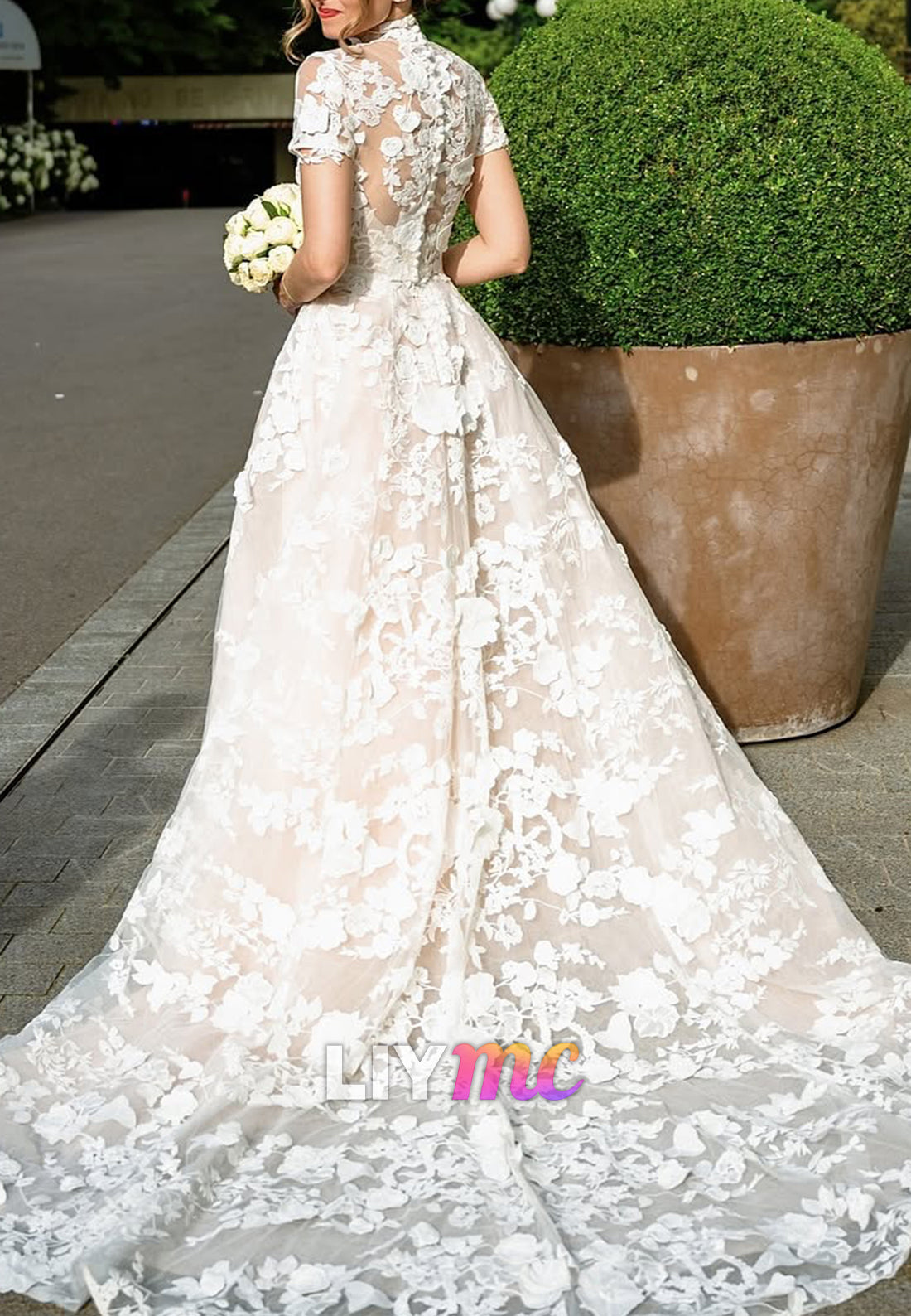 High Neck Short Sleeves Appliques A-Line Wedding Dress
