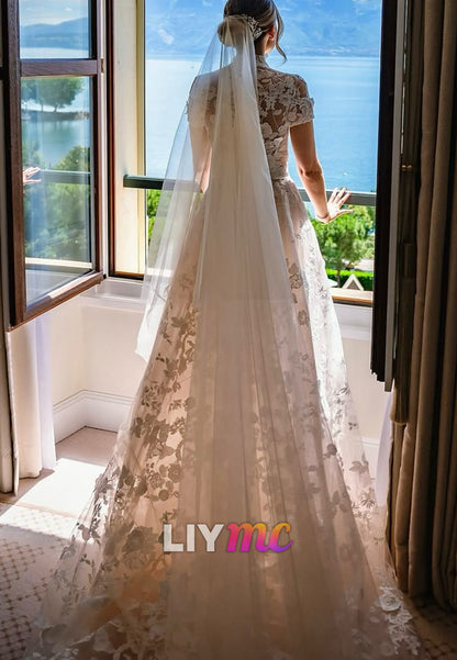 High Neck Short Sleeves Appliques A-Line Wedding Dress